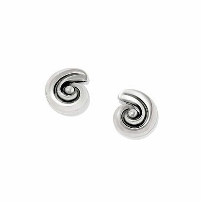 Brighton stud earrings with silver-plated swirl design and polished dome centers on a white background