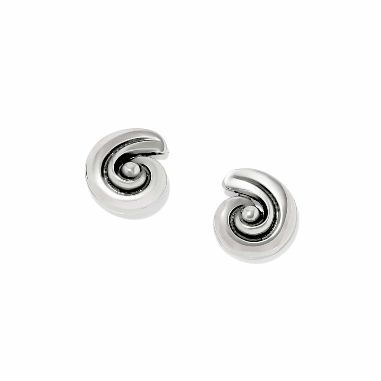Brighton stud earrings with silver-plated swirl design and polished dome centers on a white background