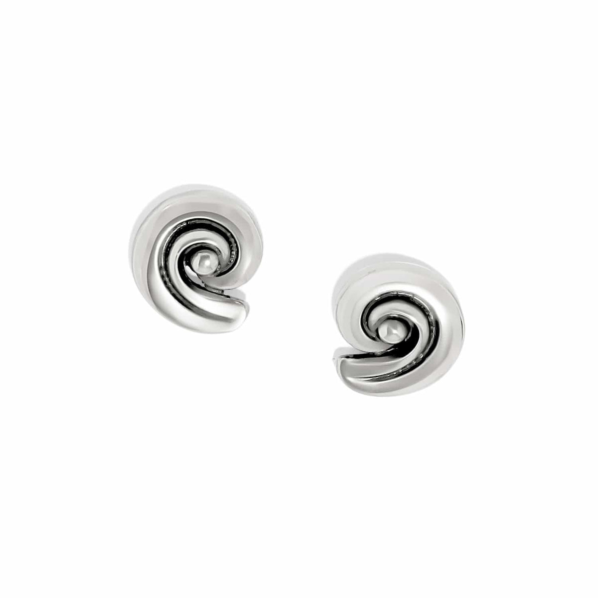 Brighton stud earrings with silver-plated swirl spiral design and polished finish on a white background