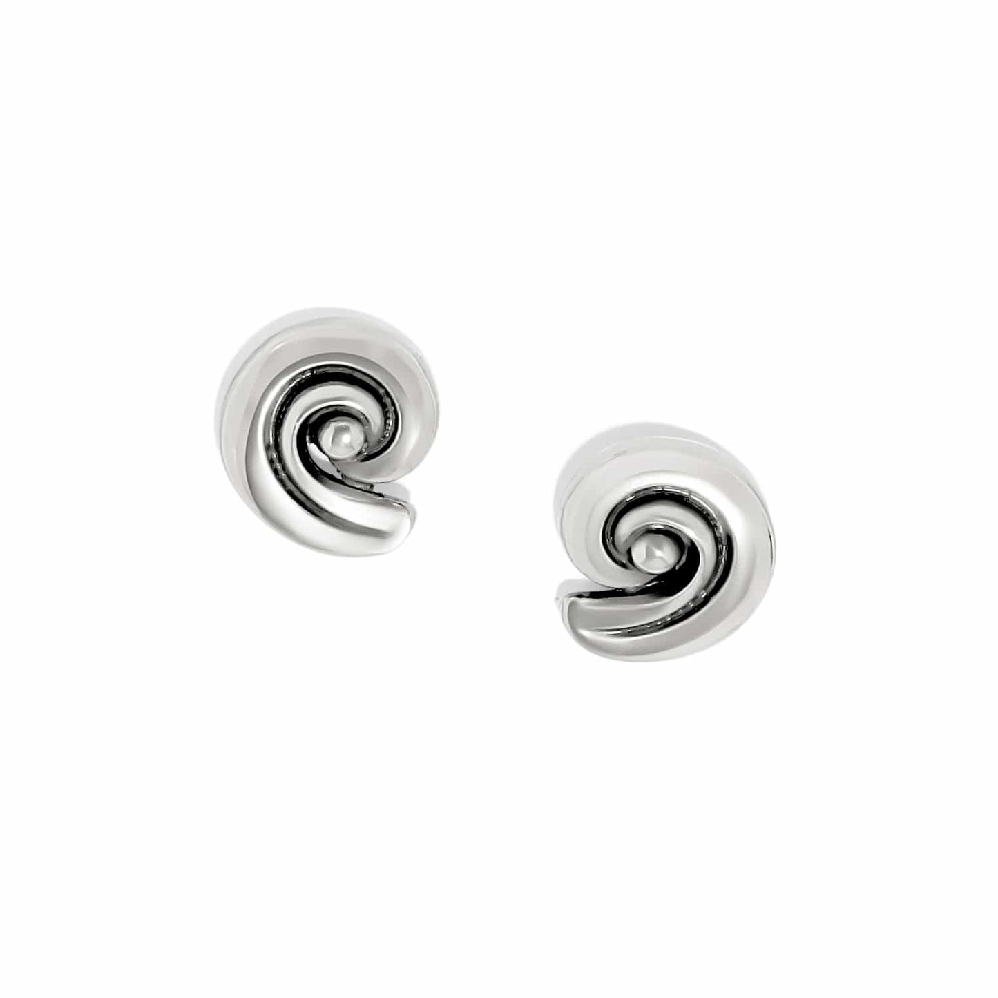 Brighton stud earrings with silver-plated swirl spiral design and polished finish on a white background