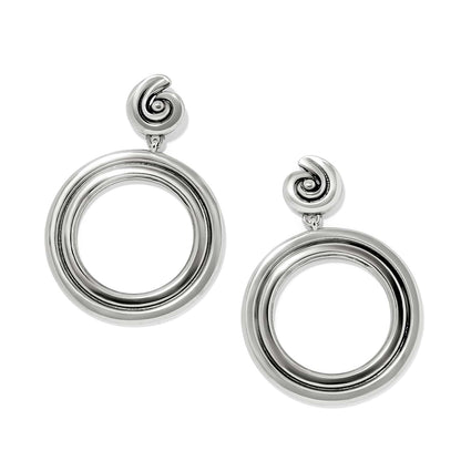 Brighton drop earrings with silver-plated spiral tops and open circle hoops on a white background