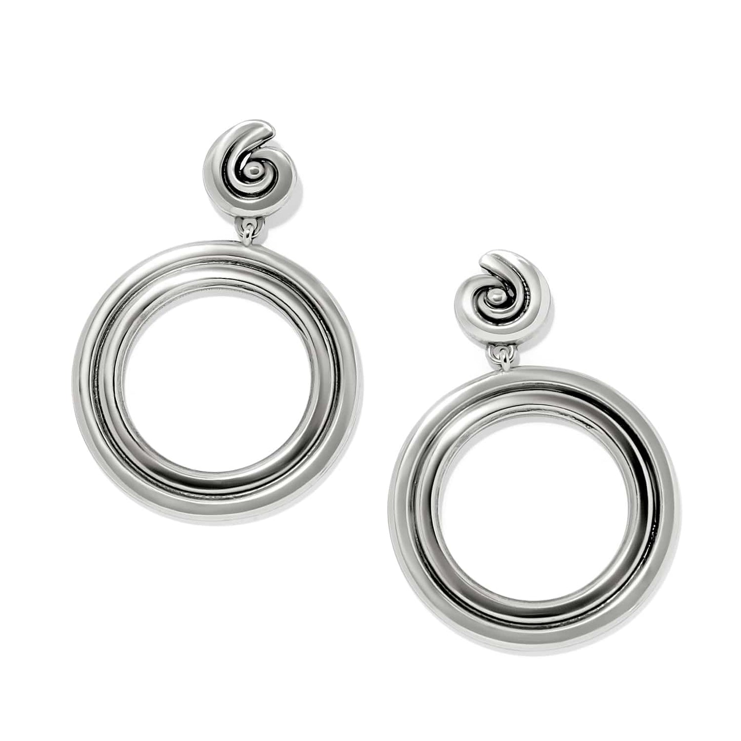 Brighton drop earrings with silver-plated spiral tops and open circle hoops on a white background