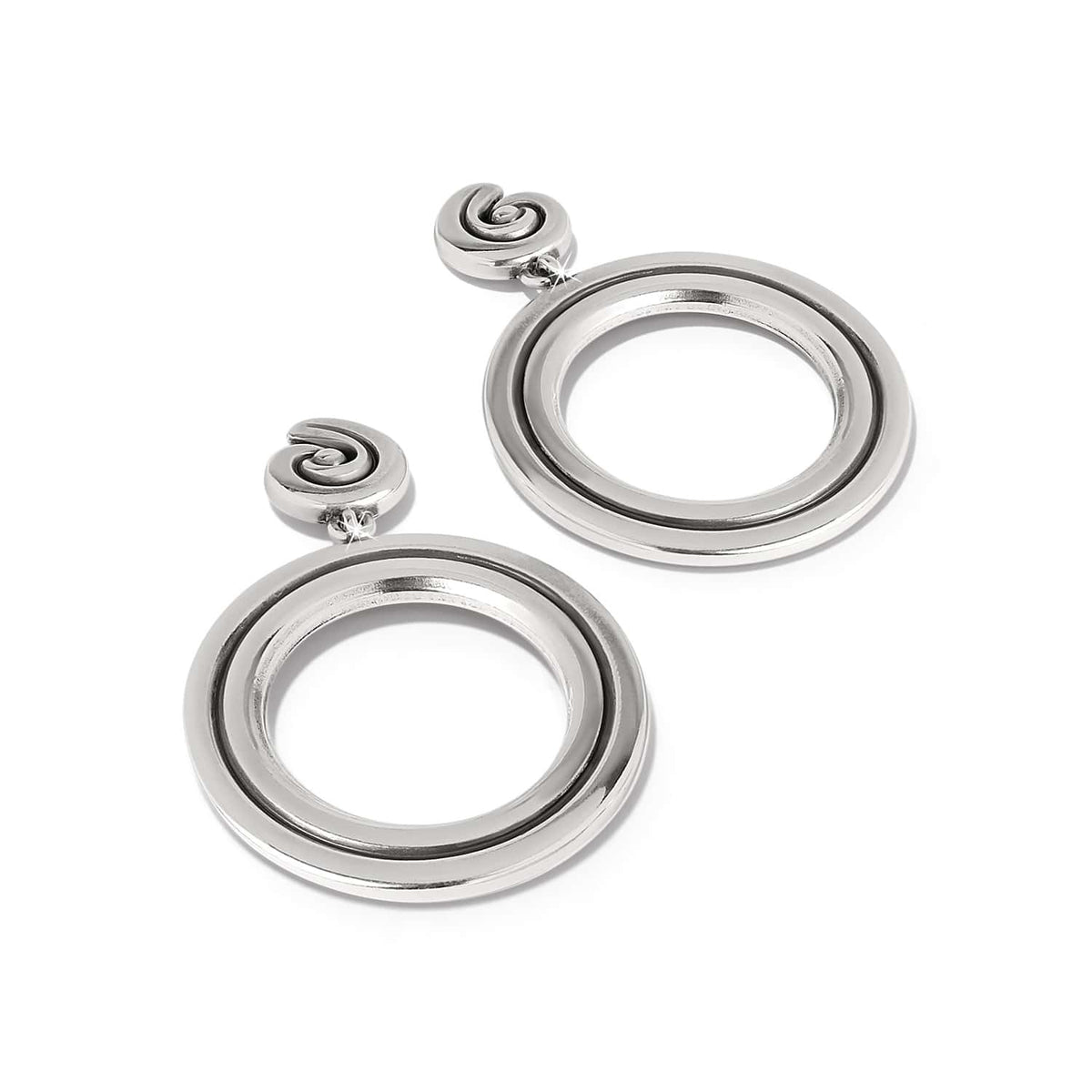 Brighton drop earrings with silver-plated open hoops and spiral post accents on a white background