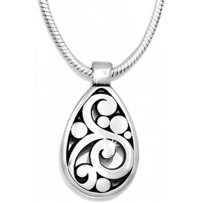 Brighton pendant necklace with silver-plated teardrop scroll design on snake chain on a white background