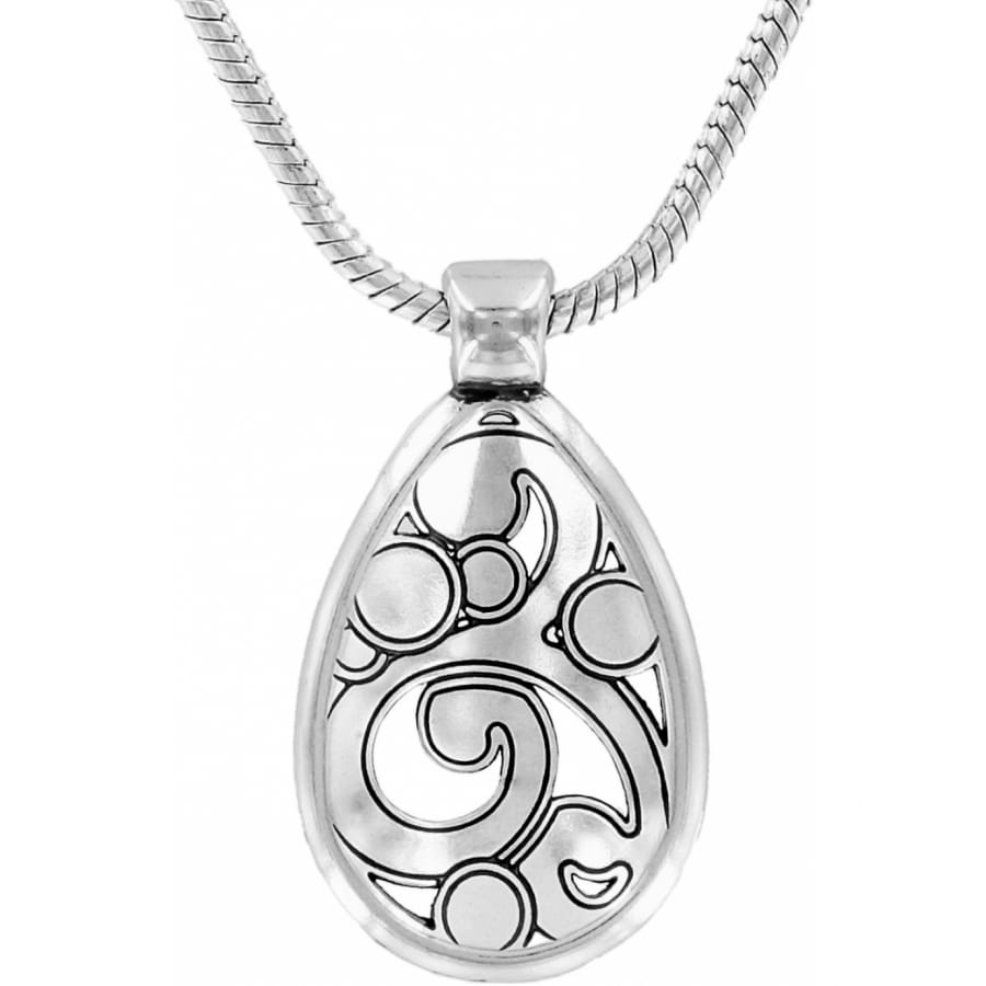Brighton pendant necklace with silver-plated teardrop featuring swirl and circle openwork design on a white background
