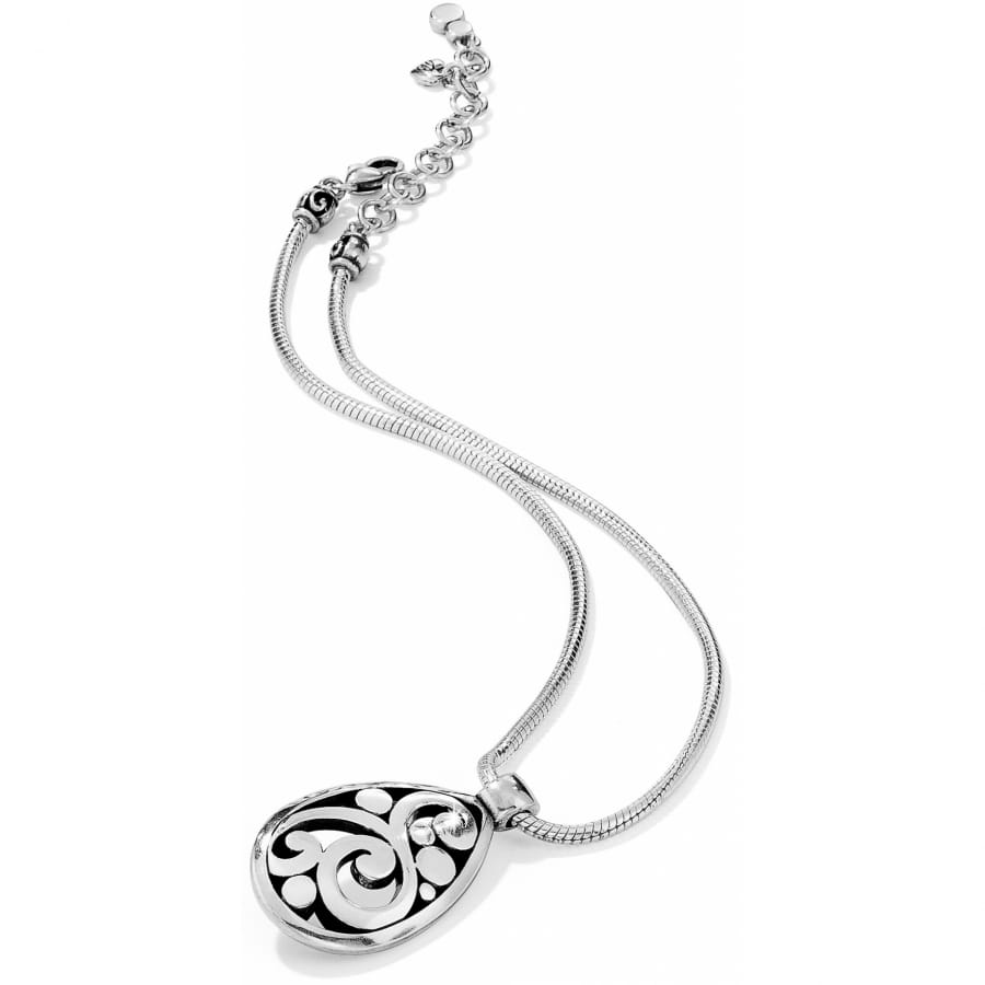 Brighton pendant necklace with silver-plated teardrop scroll design and snake chain on a white background