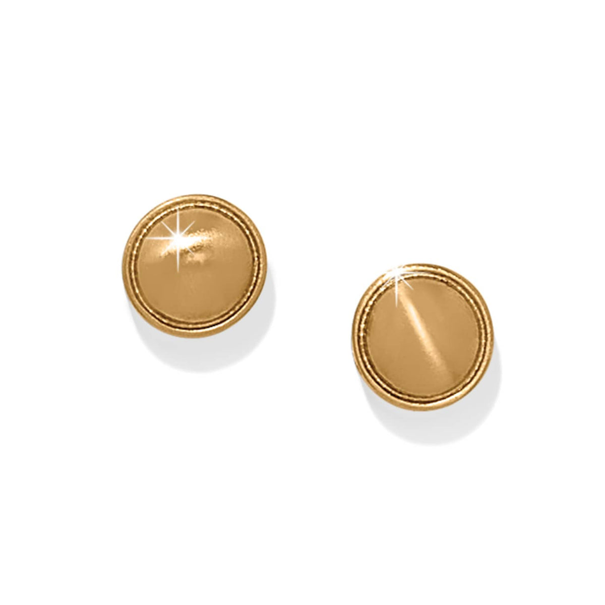 Brighton stud earrings with round gold-plated domed centers and ridged border edges on a white background