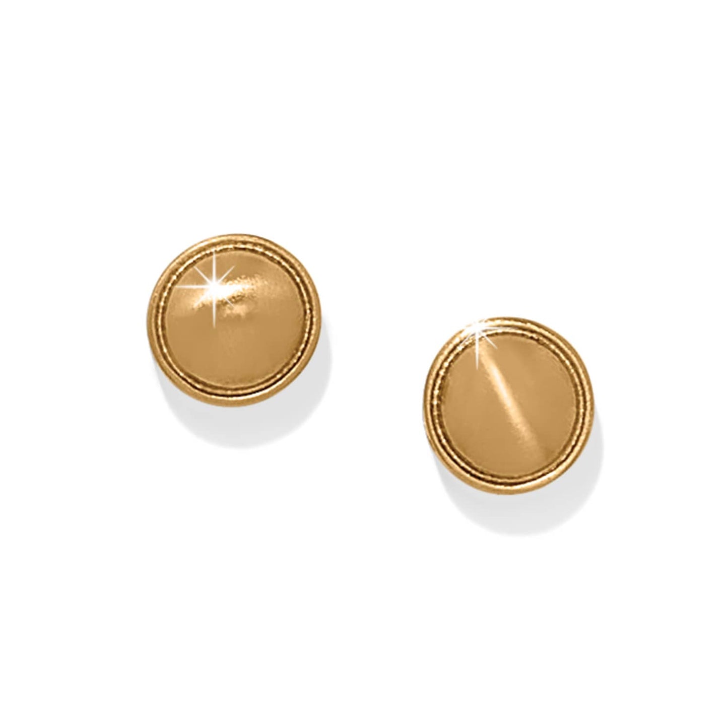 Brighton stud earrings with round gold-plated domed centers and ridged border edges on a white background
