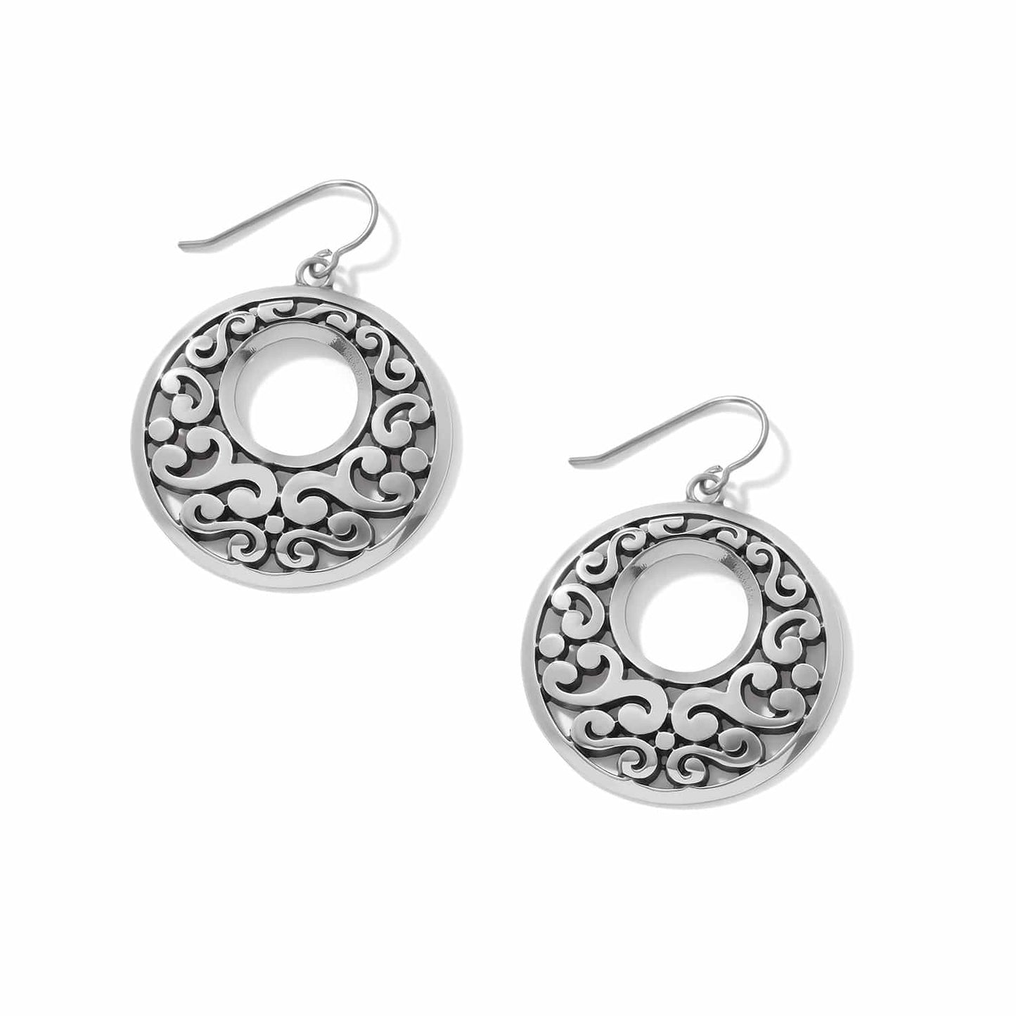 Brighton drop earrings with silver-plated open circle design and ornate scroll filigree detailing on a white background