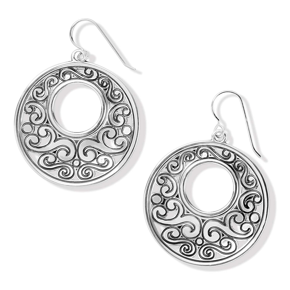 Brighton drop earrings with silver-plated open circle discs featuring scrollwork filigree design on a white background