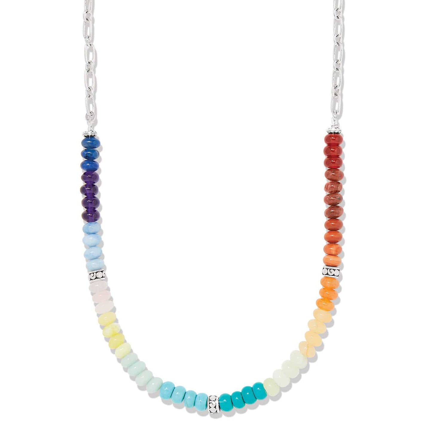 Brighton beaded necklace with rainbow gemstone beads and silver-plated chain and accents on a white background