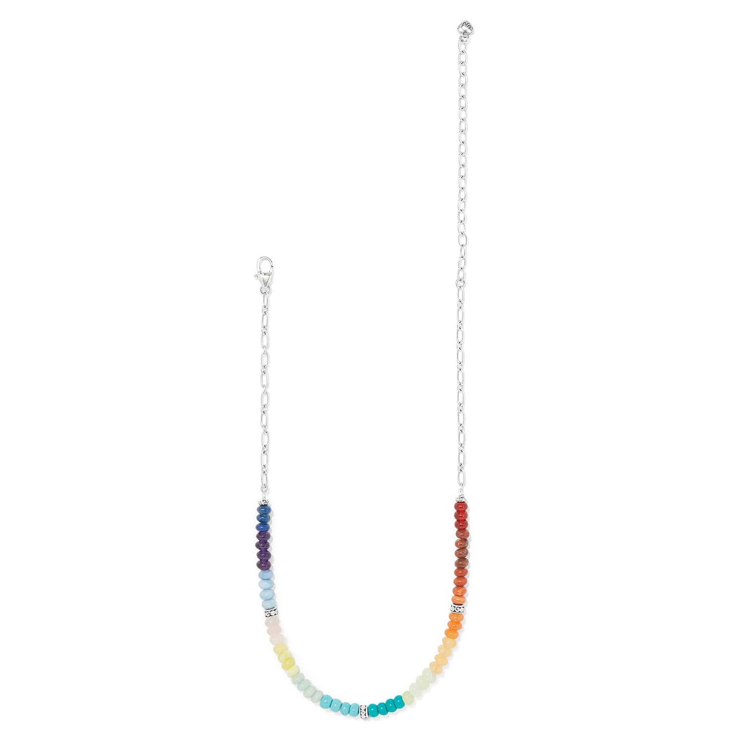 Brighton necklace with rainbow gradient beads and silver-plated chain and clasp on a white background