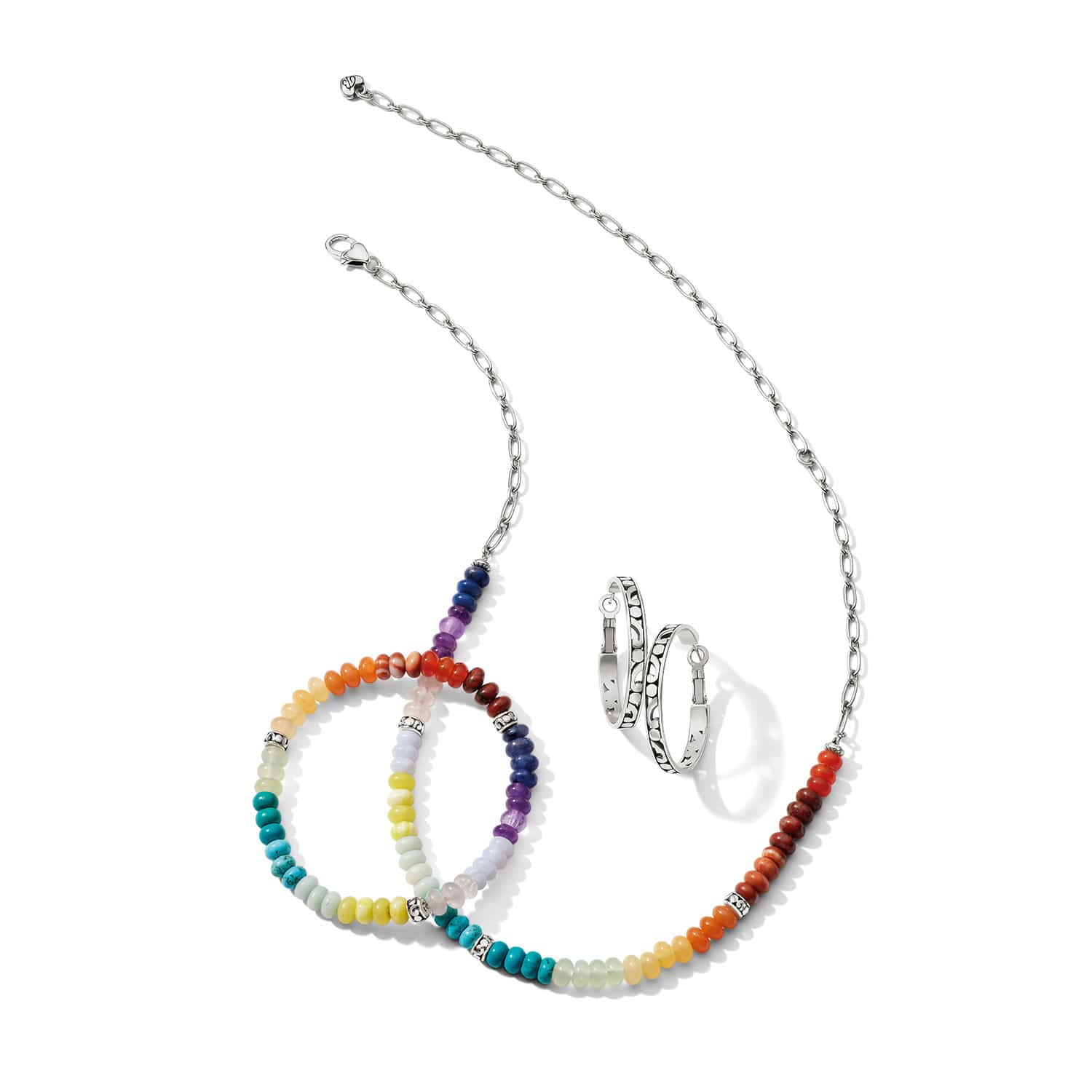 Brighton silver-plated necklace styled with multicolor beaded bracelets and hoop earrings on a white background