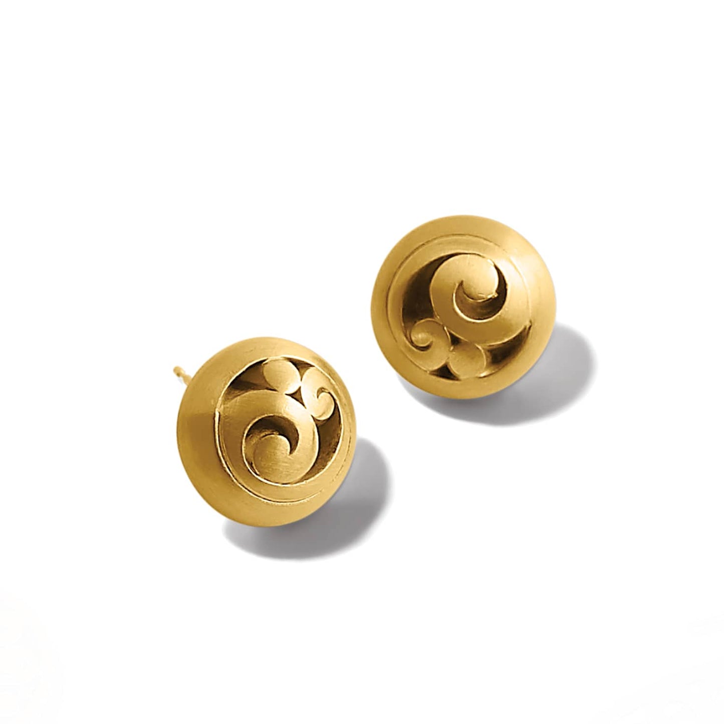 Brighton stud earrings with gold-plated dome design and engraved scroll swirl motif on a white background