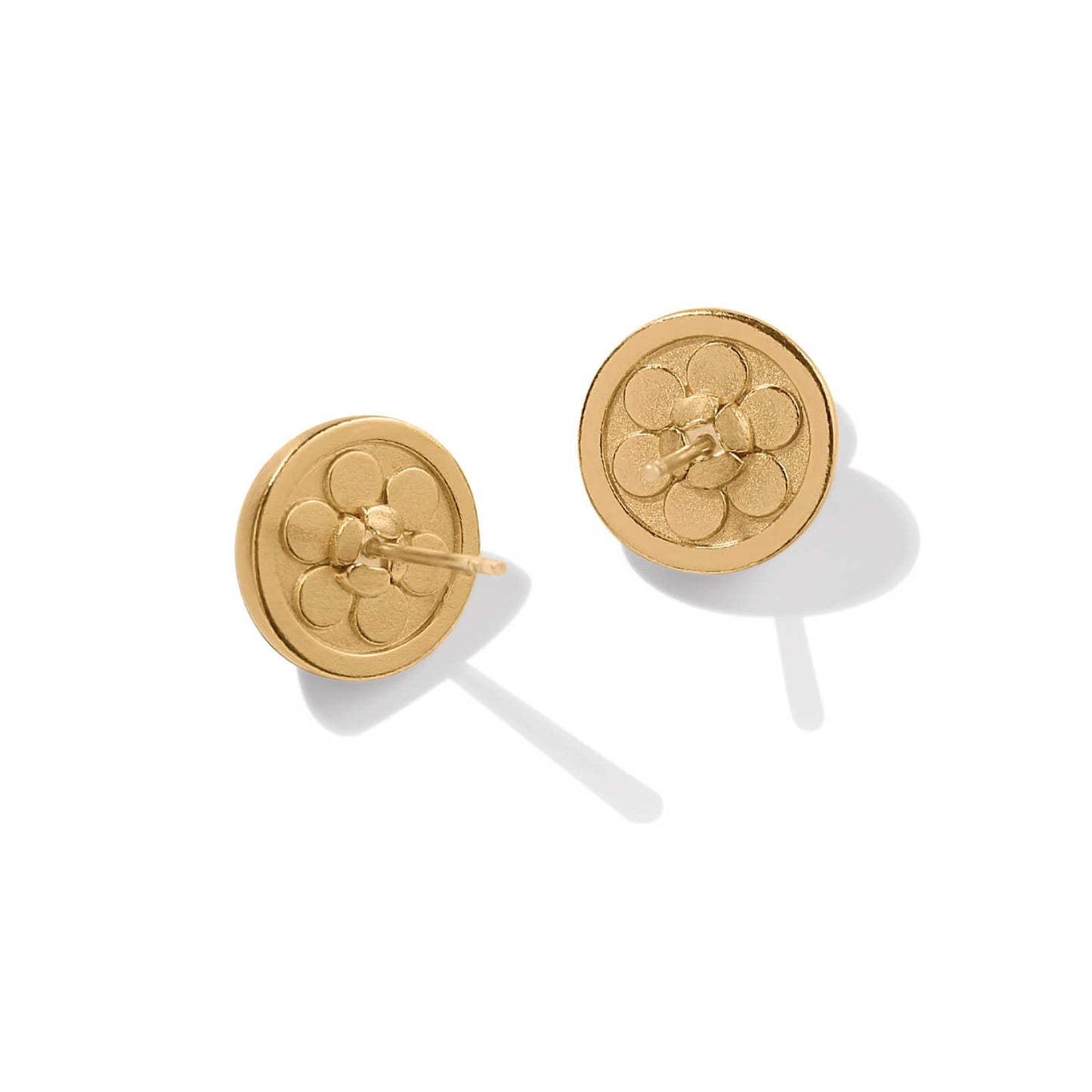 Brighton stud earrings shown from the back with gold-plated round discs featuring embossed floral design on a white background