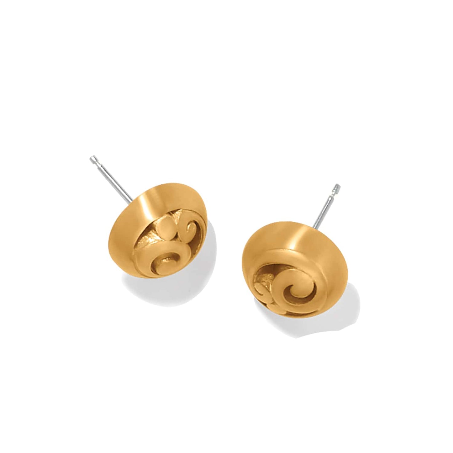 Brighton stud earrings with gold-plated domed design and scroll detail inside on a white background
