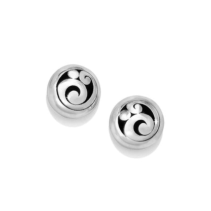 Brighton stud earrings with silver-plated domed design and openwork scroll motif in center on a white background