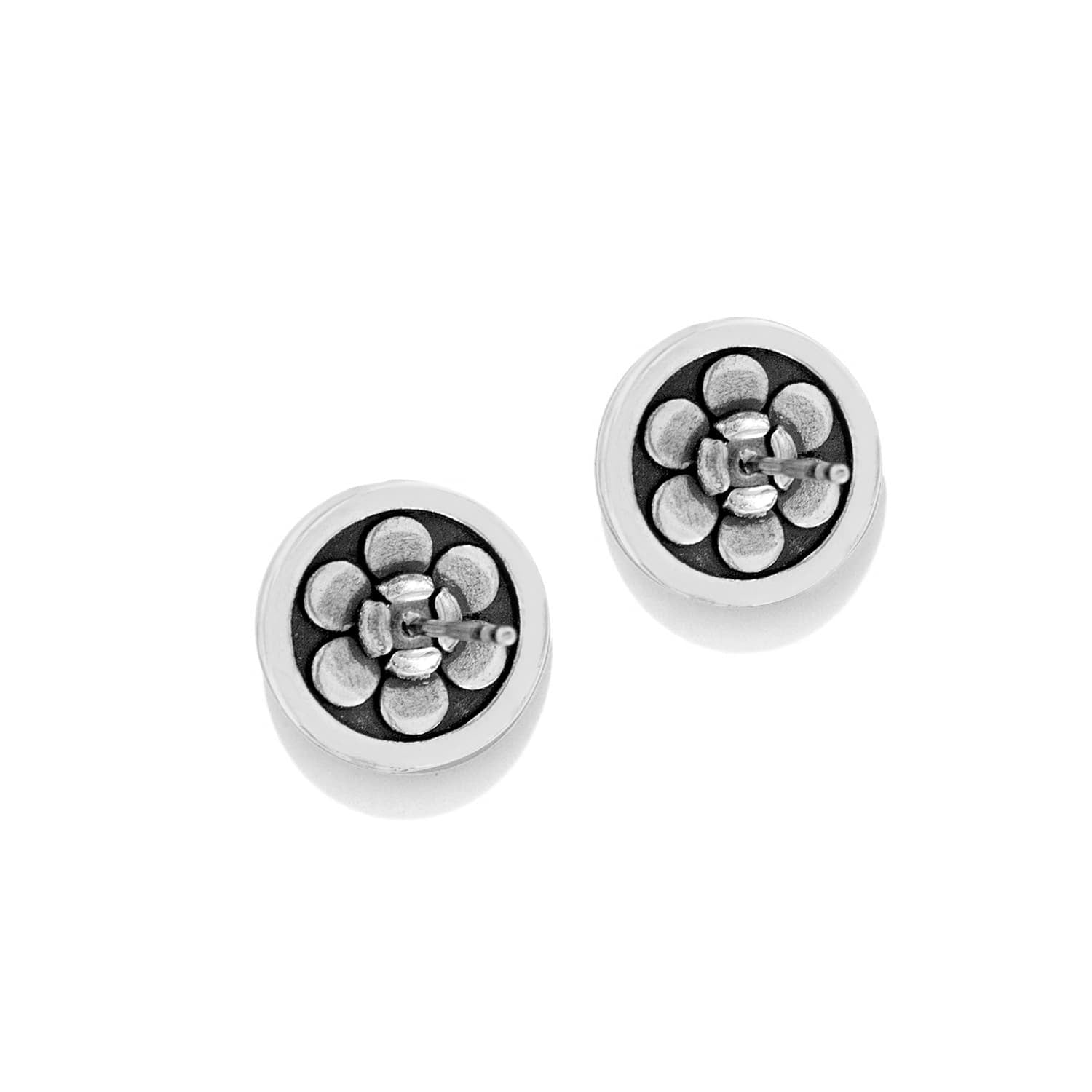 Brighton stud earrings shown from the back with silver-plated round discs and floral post detail on a white background