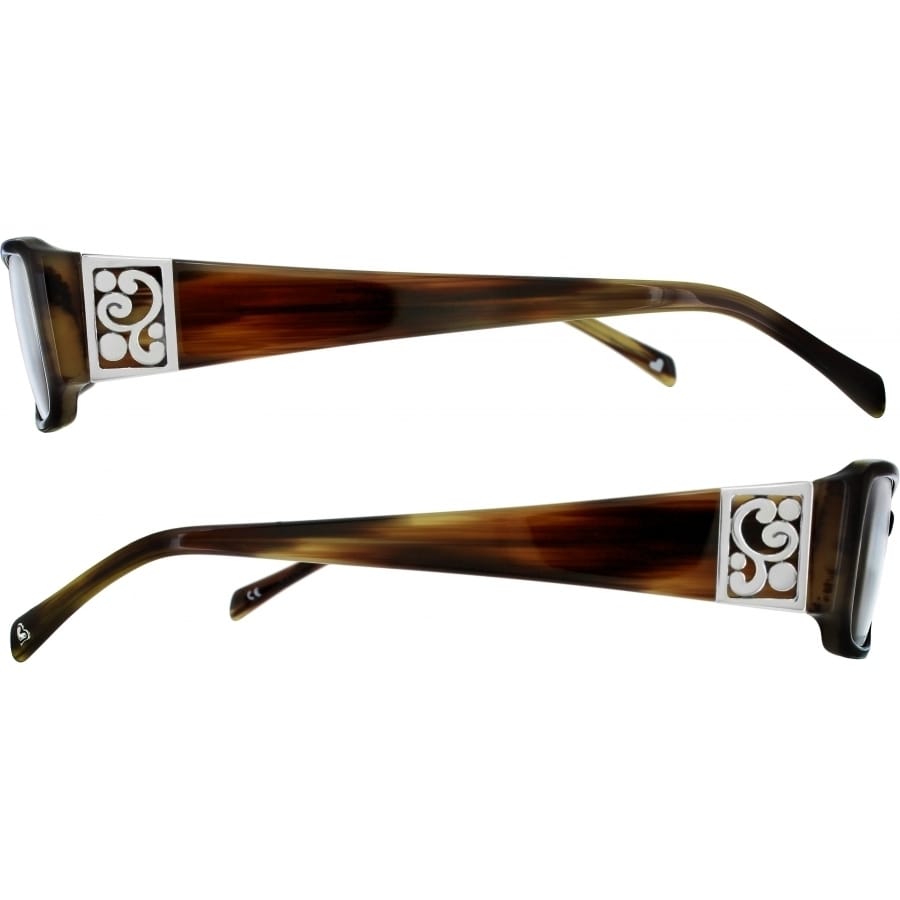 Brighton eyeglasses side view showing brown tortoise temples with silver-tone scroll medallion accents on a white background