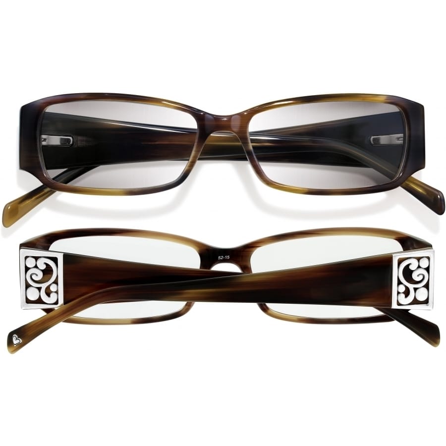 Brighton reading glasses with brown tortoise frames and silver-tone scroll temple accents, shown from two angles on a white background