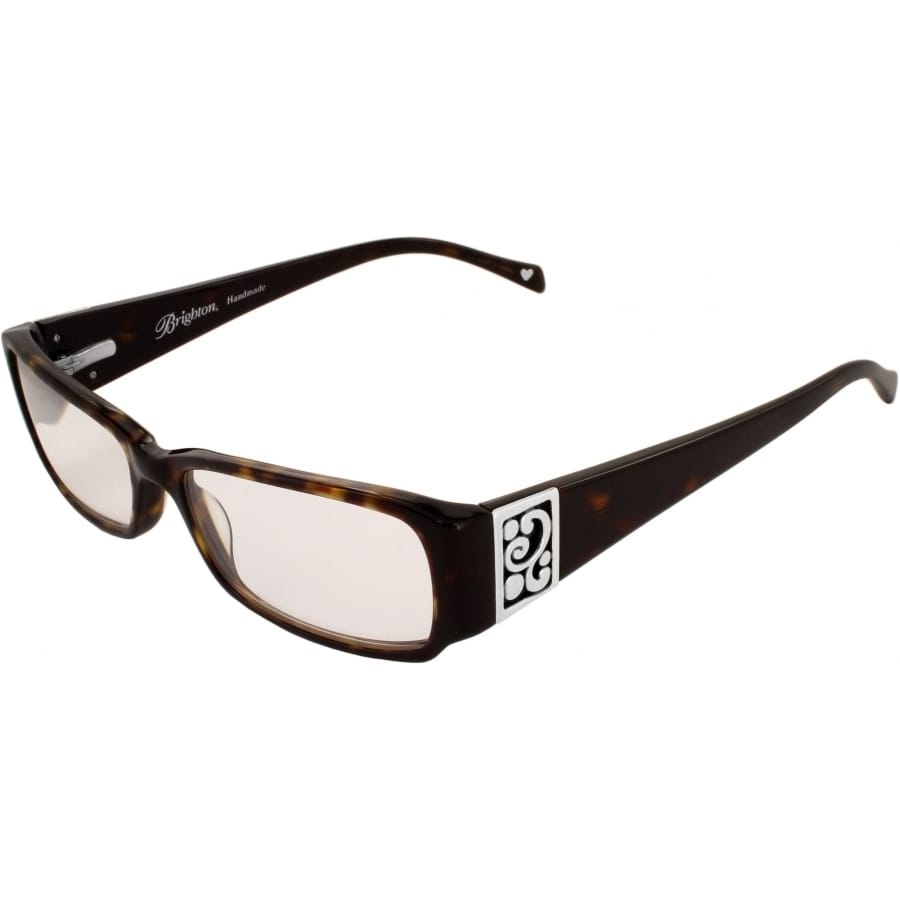 Brighton eyeglasses with tortoiseshell frames and silver-tone scrollwork emblem on the temples on a white background