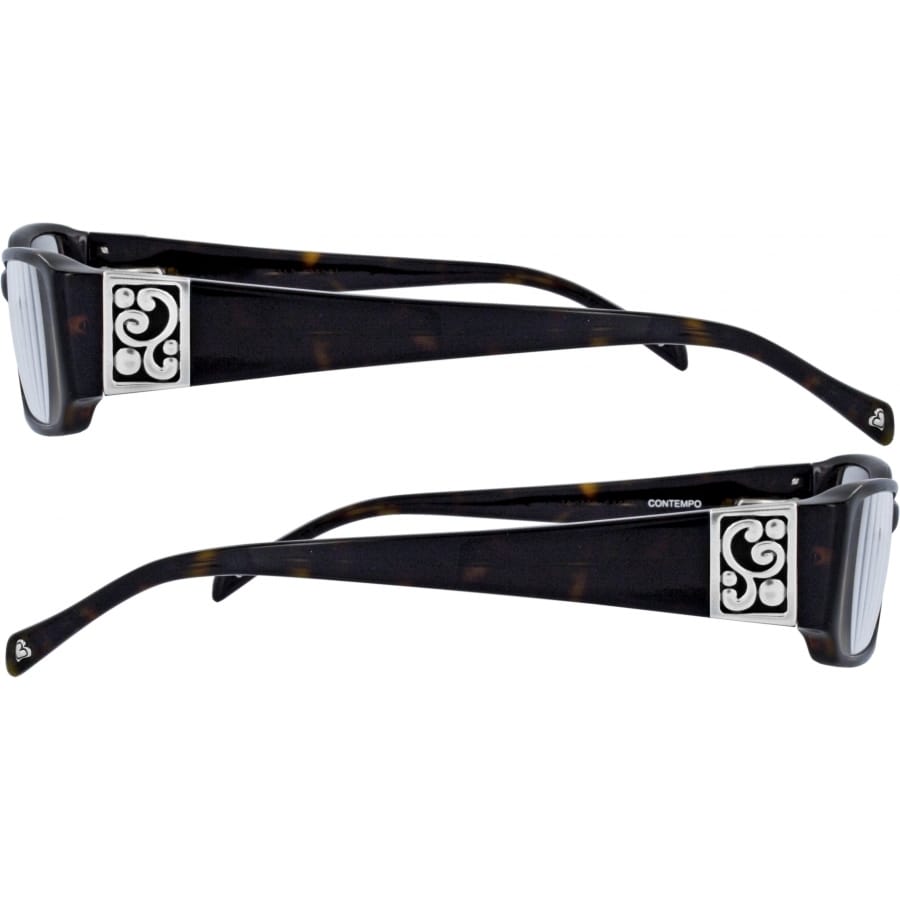 Brighton sunglasses side views with tortoise frames and silver-tone scrollwork temple medallions on a white background