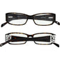 Brighton reading glasses in tortoise finish with silver-tone scroll temple accents, shown from front and back on a white background