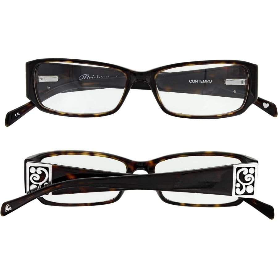 Brighton reading glasses in tortoise finish with silver-tone scroll temple accents, shown from front and back on a white background