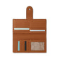 Brighton tan leather wallet shown open with card slots, ID window, and snap closure tab on a white background