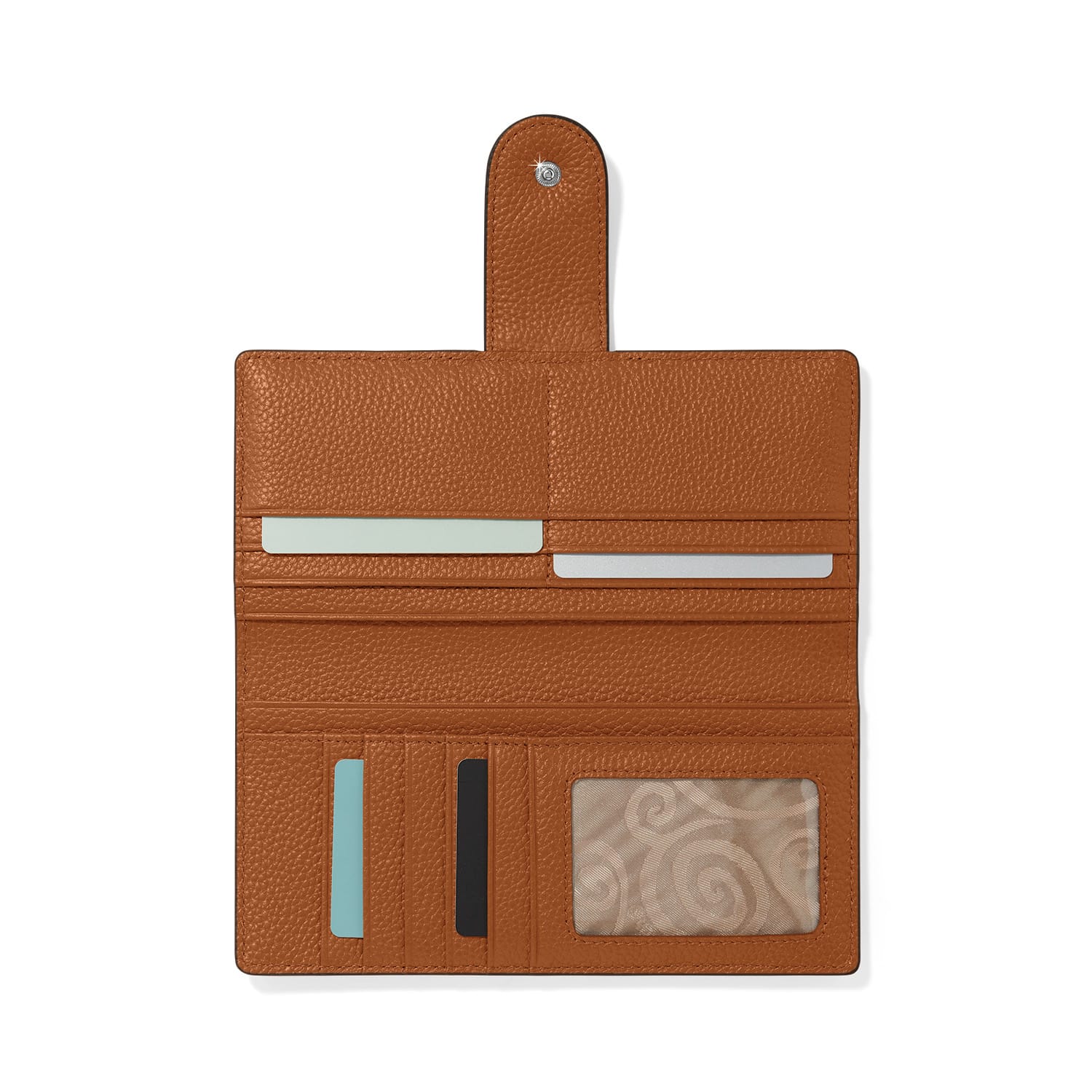 Brighton tan leather wallet shown open with card slots, ID window, and snap closure tab on a white background