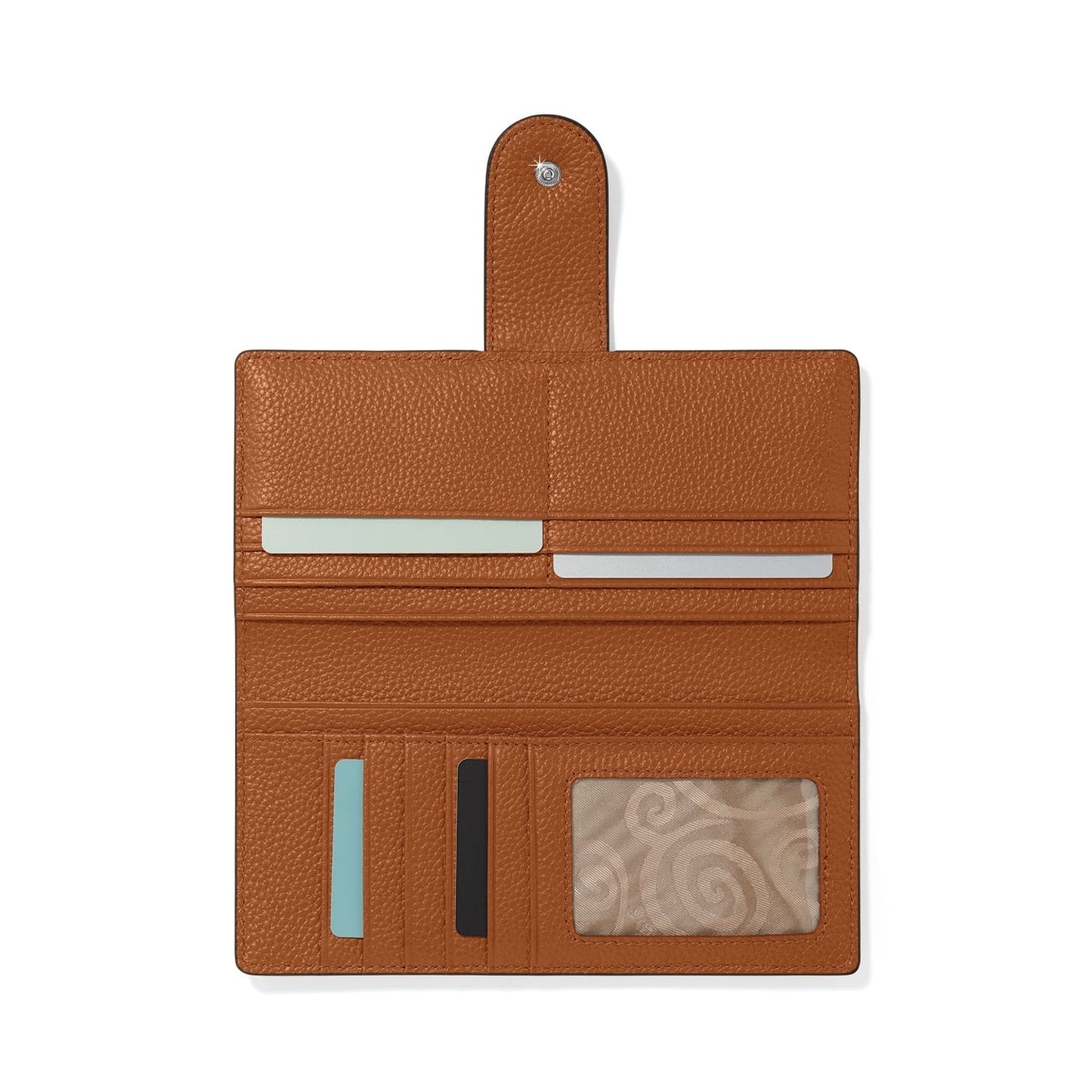 Brighton tan leather wallet shown open with card slots, ID window, and snap closure tab on a white background