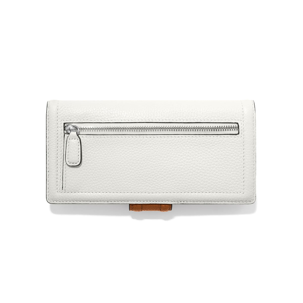 Brighton wallet shown from the back with white pebbled leather, silver-tone zip pocket, and tan tab on a white background