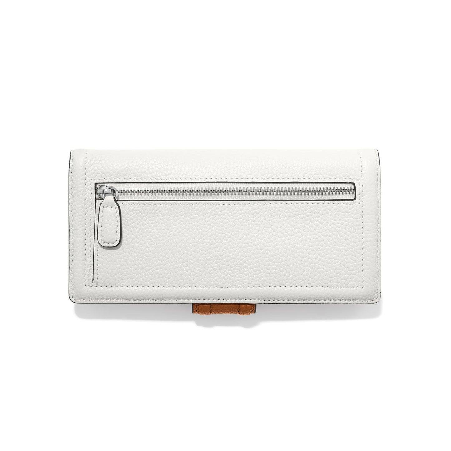 Brighton wallet shown from the back with white pebbled leather, silver-tone zip pocket, and tan tab on a white background