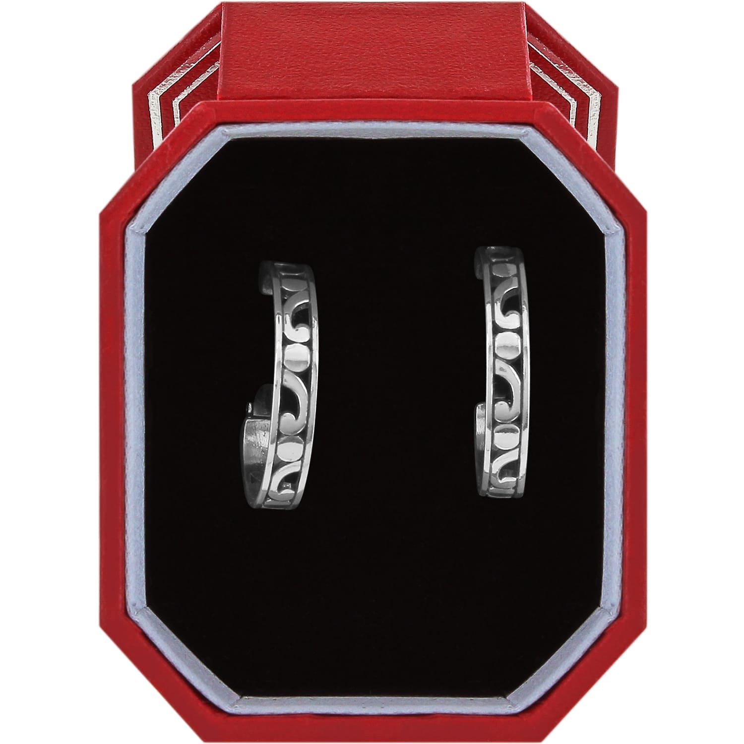Brighton silver-plated hoop earrings with scroll cutout design displayed in a red octagonal gift box on a white background