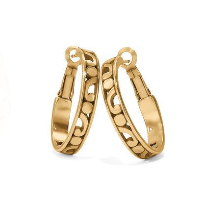 Brighton hoop earrings with gold-plated finish and openwork scroll design along the band on a white background