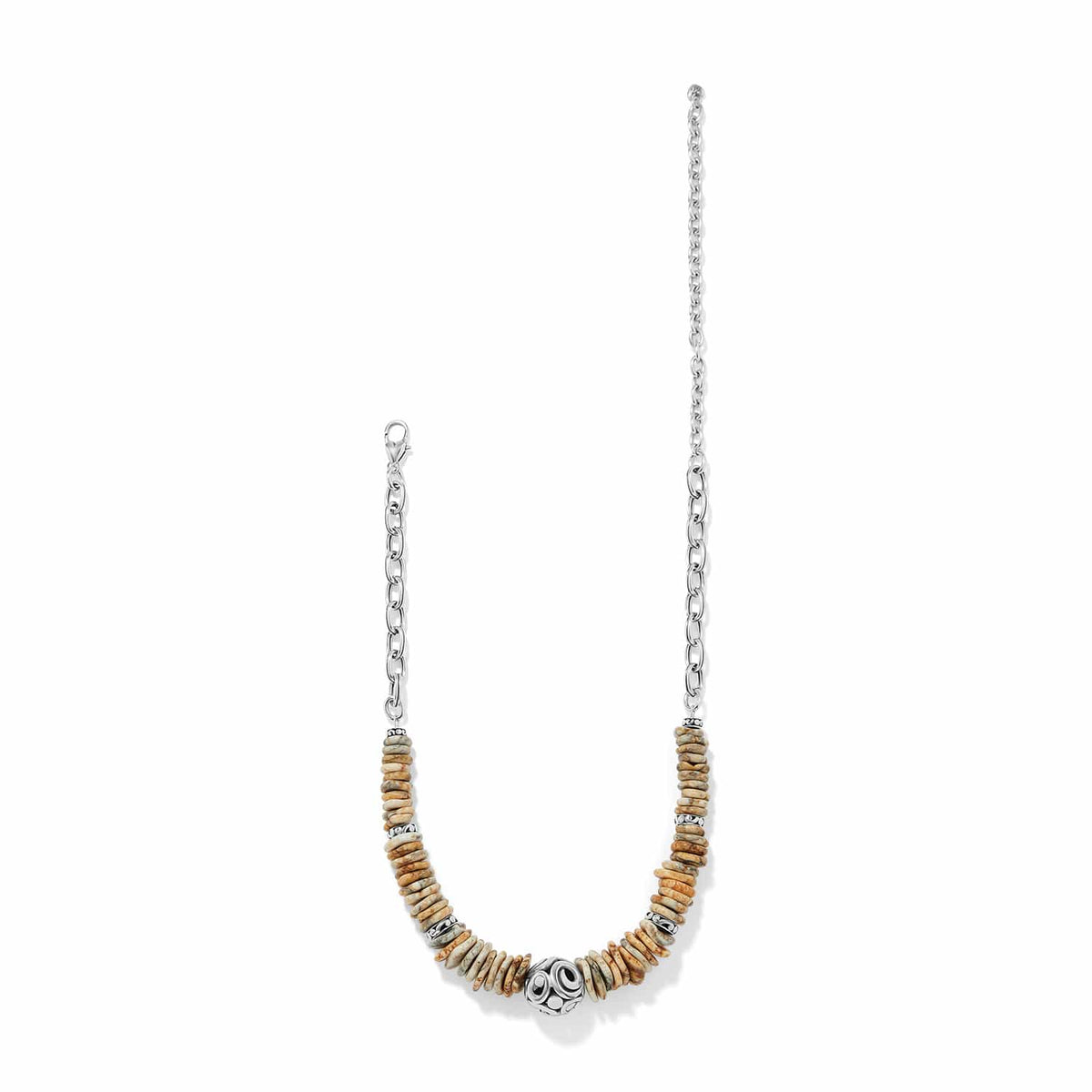 Brighton necklace with tan jasper disk beads, silver-plated ornate center bead, and chain on a white background