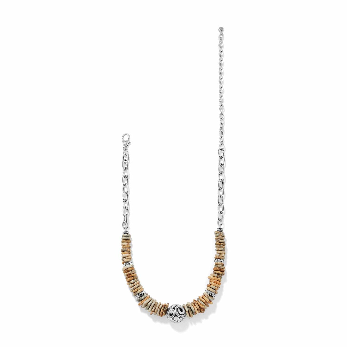 Brighton necklace with tan jasper disk beads, silver-plated ornate center bead, and chain on a white background