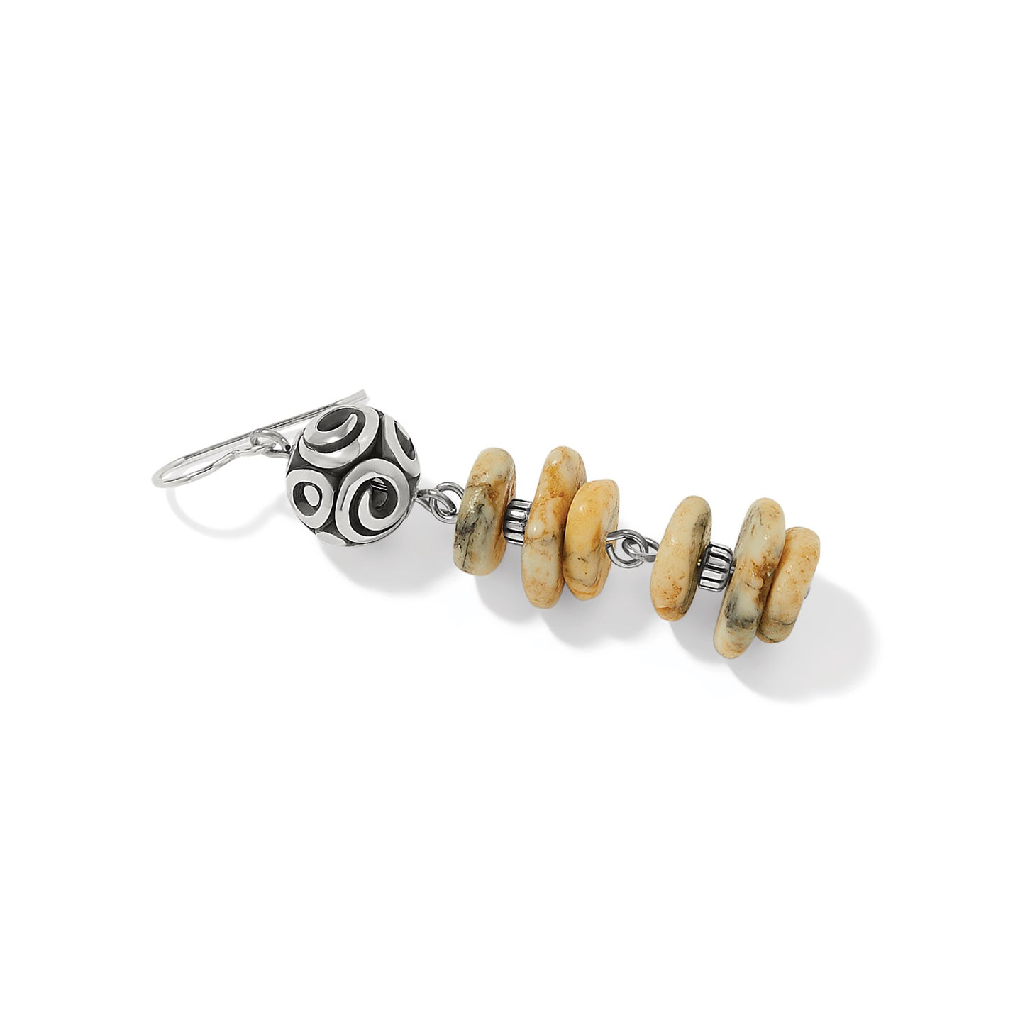 Brighton drop earring with silver-plated swirl bead and stacked tan stone disk beads on a white background