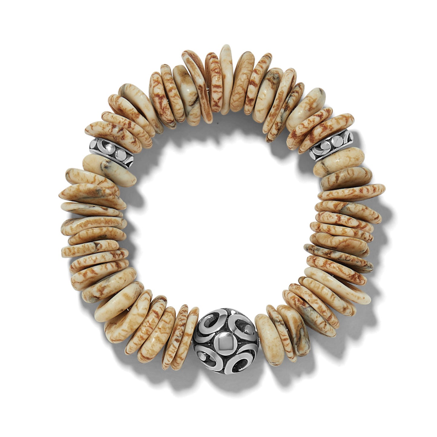 Brighton stretch bracelet with cream and brown disk beads and silver-plated ornamental accent beads on a white background