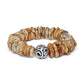 Brighton stretch bracelet with tan and cream disk beads and silver-plated ornamental bead on a white background