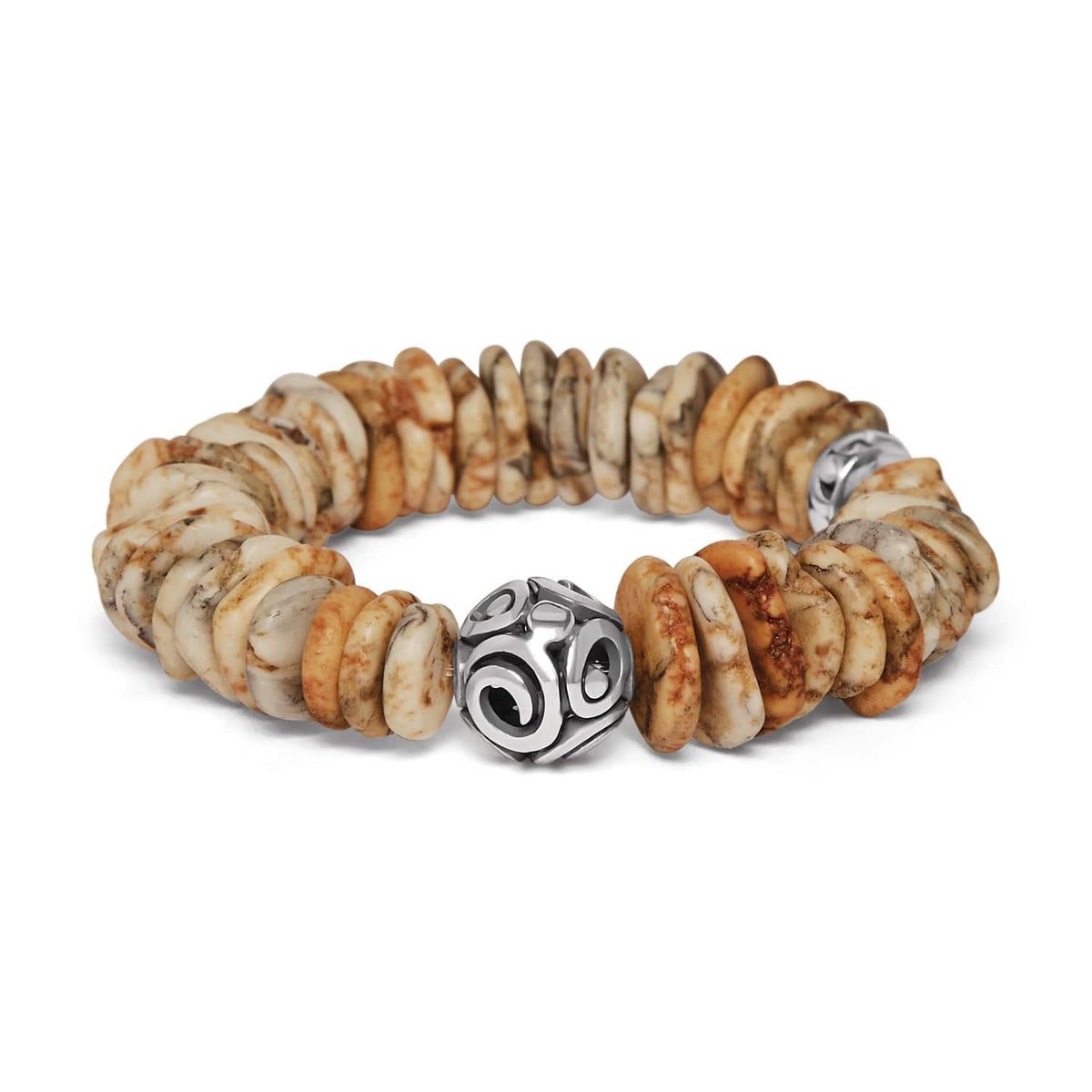 Brighton stretch bracelet with tan and cream disk beads and silver-plated ornamental bead on a white background