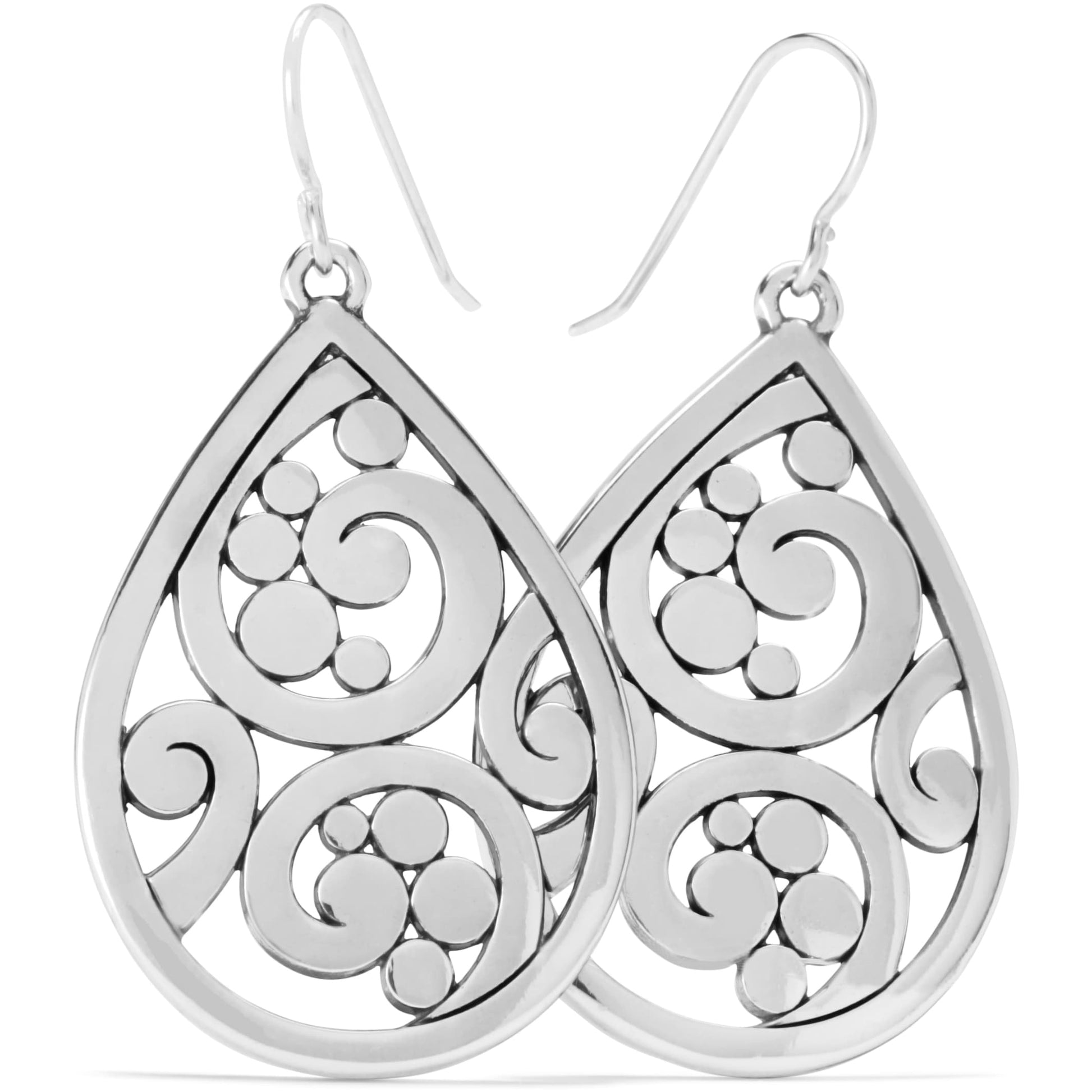Brighton teardrop drop earrings with silver-plated swirl and circle openwork design on a white background