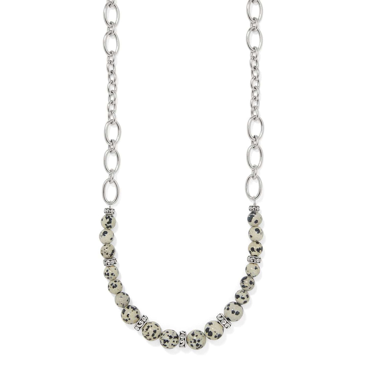 Brighton necklace with Dalmatian jasper beads and silver-plated chain links and accents on a white background