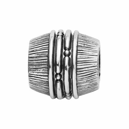 Brighton bead charm with silver-plated ribbed texture and polished center band detail on a white background