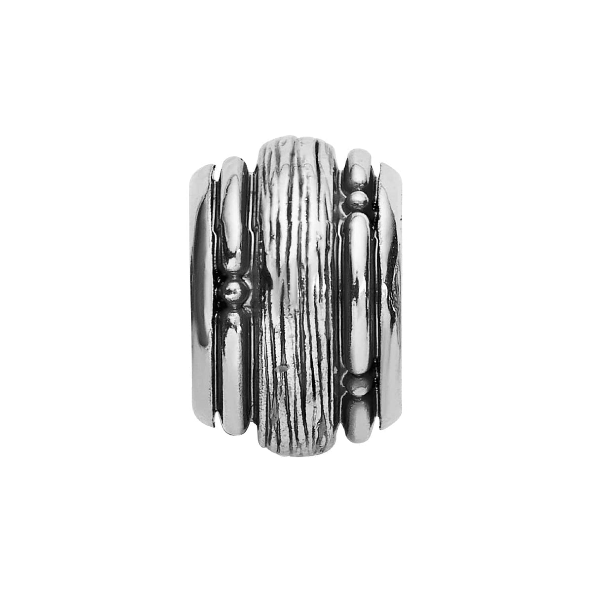 Brighton silver-plated bead charm with vertical ribbed texture and polished raised accents on a white background