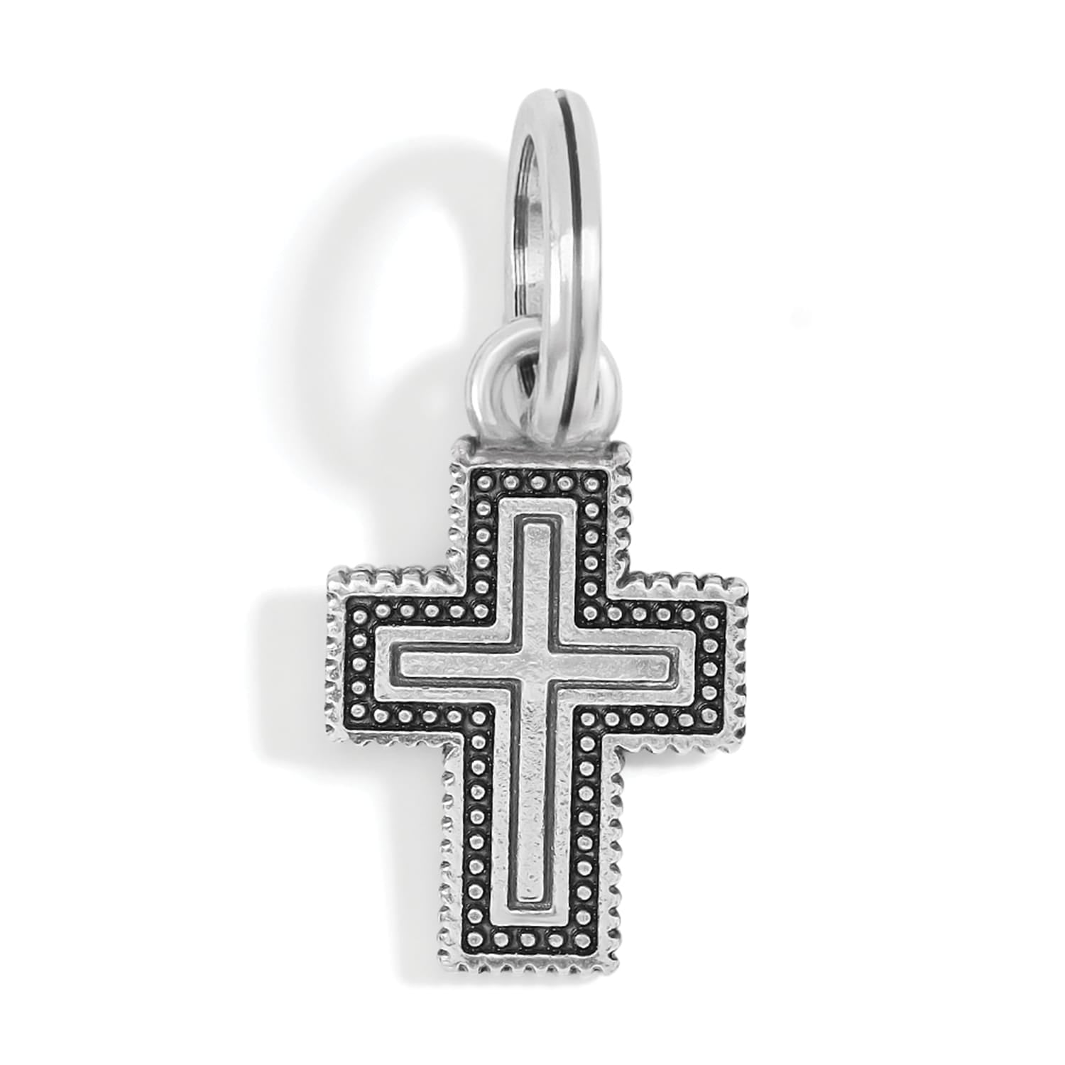 Brighton cross charm with beaded border, silver-plated finish, and split ring attachment on a white background