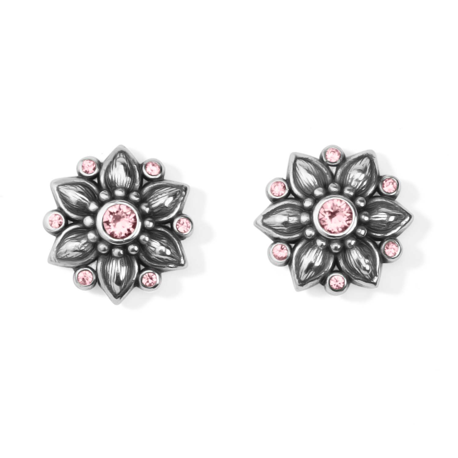 Brighton stud earrings with silver-plated floral design and pink crystal accents on a white background