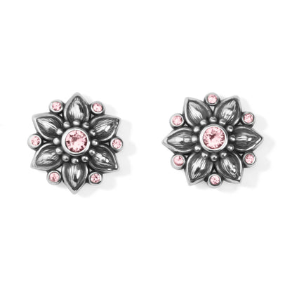 Brighton stud earrings with silver-plated floral design and pink crystal accents on a white background