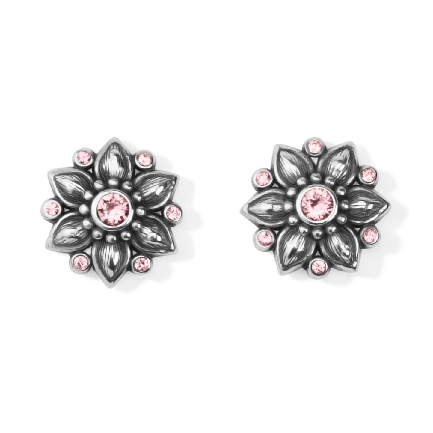 Brighton stud earrings with silver-plated floral design and pink crystal accents on a white background