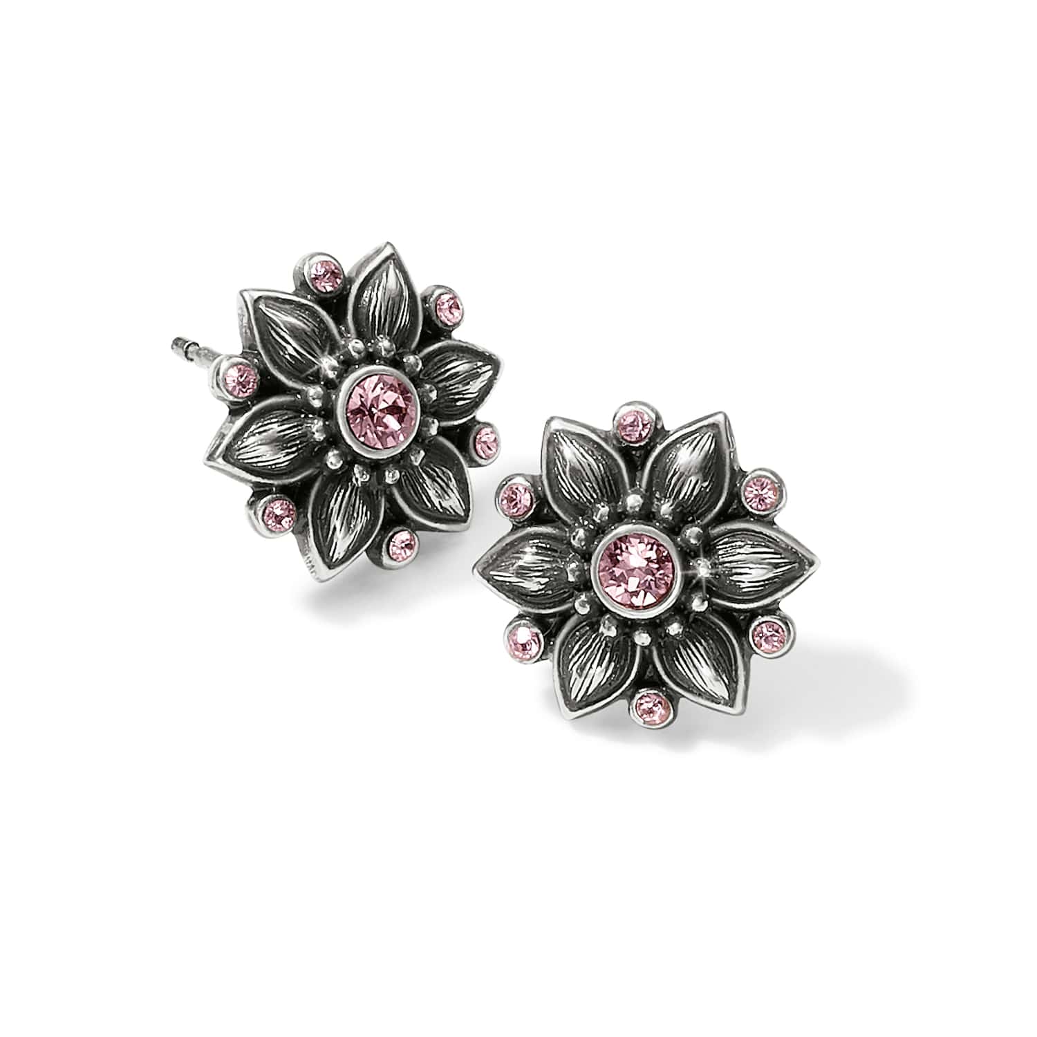 Brighton stud earrings with silver-plated floral design and pink crystal accents on a white background